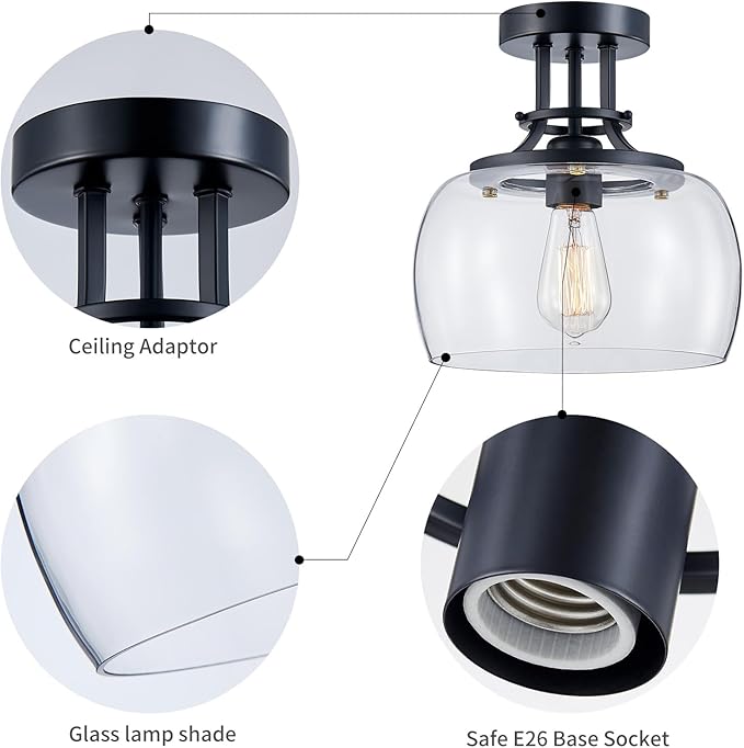 WUZUPS Chandelier Rustic Farmhouse Industrial Round Semi-flushmount Ceiling LED Light Fixture with Clear Glass Shades for Bathroom Kitchen Foyer Entryway, H 10" x W 10", E26 Base, Black