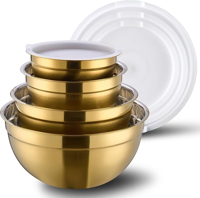 4 Piece Gold Mixing Bowls With Lids for Kitchen, Stainless Steel Set Ideal for Baking, Prepping, Cooking and Serving Food, Nesting Metal Bowls for Space Saving Storage