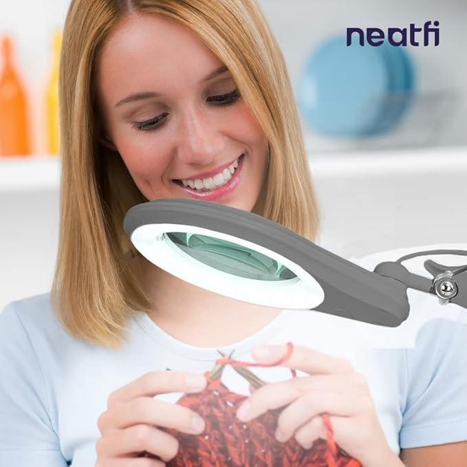 Neatfi (New Model) Bifocals 1,200 Lumens Super LED Magnifying Lamp with Clamp, 5D + 20D, Dimmable, 60 Pcs SMD LED, 5 Inches Diameter Lens, Adjustable Arm Utility Clamp (5 Diopter + 20 Diopter, Silver)