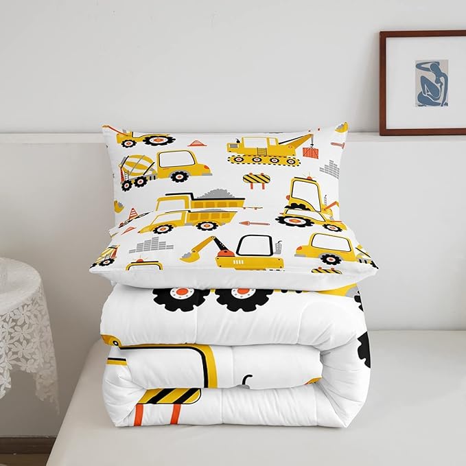 Feelyou Cartoon Car Comforter Set Kids Construction Comforter for Boys Equipment Trucks Bedding Set Breathable Cartoon Yellow Car Excavator Tractor Duvet Set Room Decor Quilt Set Queen Size