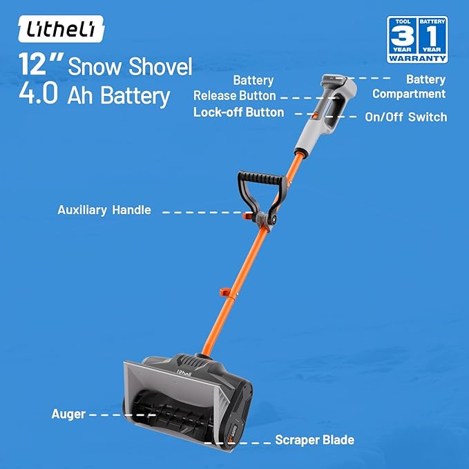 Litheli 20V Cordless Snow Shovel, 12'' Electric Snow Blower with 4 Ah Batteries Included, Lightweight Battery-Powered Snow Thrower for Driveway & Sidewalk