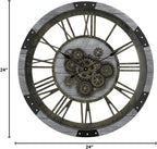 DORBOKER 24" Large Wall Clock with Moving Gears,Oversize Vintage Industrial Rustic Farmhouse Clocks for Living Room Decor Office Home,Solid Wood HD Tempered Glass Cover,Silver Grey