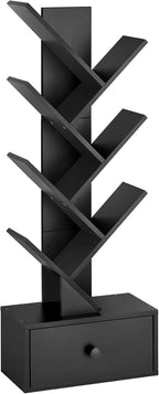7 Tier Tree Bookshelf with Drawer, Tree Bookcase with Storage, Modern Floor Standing Bookshelves Organizer for Bedroom, Living Room, Home Office, Black