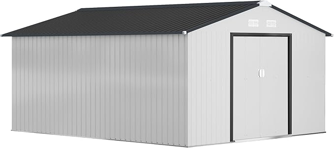 Outsunny 11' x 13' Outdoor Storage Shed, Garden Tool Metal Shed with Foundation Kit, Double Lockable Door, Air Vents and Sloping Roof, for Backyard, Patio, Lawn, White