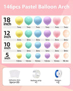 Pastel Balloons Arch Garland Kit, 146PCS Pastel Balloons 4 Sizes 18/12/10/5 Inch, Macaron Rainbow Balloon Arch Kit for Unicorn Birthday Baby Shower Wedding Easter Party Decorations