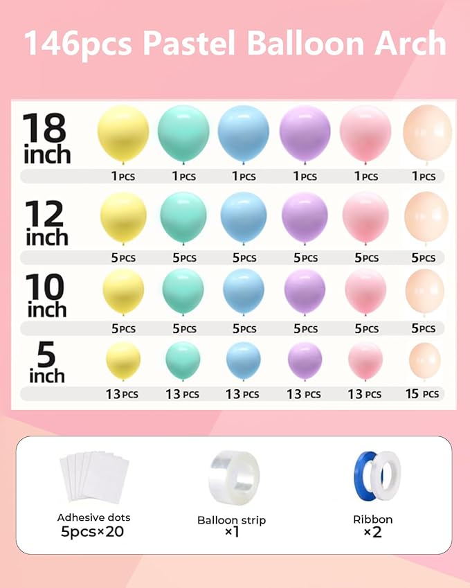 Pastel Balloons Arch Garland Kit, 146PCS Pastel Balloons 4 Sizes 18/12/10/5 Inch, Macaron Rainbow Balloon Arch Kit for Unicorn Birthday Baby Shower Wedding Easter Party Decorations