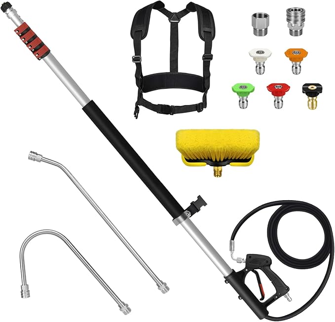 24FT Telescoping Pressure Washer Wand Kit - Extension Pole, Gutter Cleaner, Brush & 5 Nozzles for Roof, Deck, Vehicle, Sidings