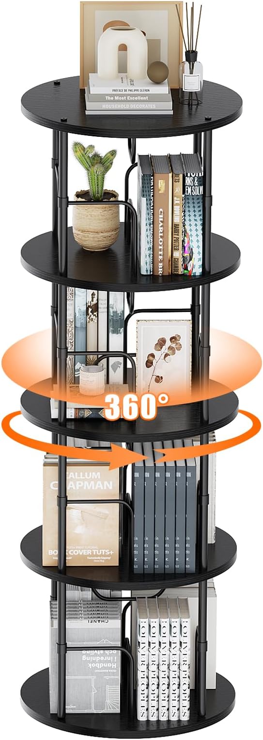 Rotating Bookshelf, 4 Tier Spinning Bookshelf Tower, 360° Display Unique Round Bookcase, Floor Standing Corner Revolving Bookshelf Storage Organizer for Small Spaces, Home Study Office, Black