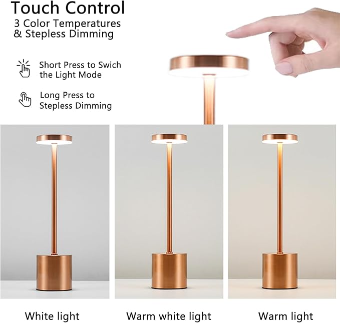 2 Pack Cordless Table Lamp Rechargeable 5000mAh Battery Operated Portable LED Desk Lamp 3 Color Temperature Stepless Dimming for Bedroom Restaurant Coffee Shop Party (Rose Gold)