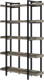 Rolanstar Book Shelf 5-Tier, 71.8’’H Tall Bookshelf for Home Office, Open Wood Display Shelves, Large Standing Bookcase with Metal for Living Room, Industrial Corner Bookshelf Grey