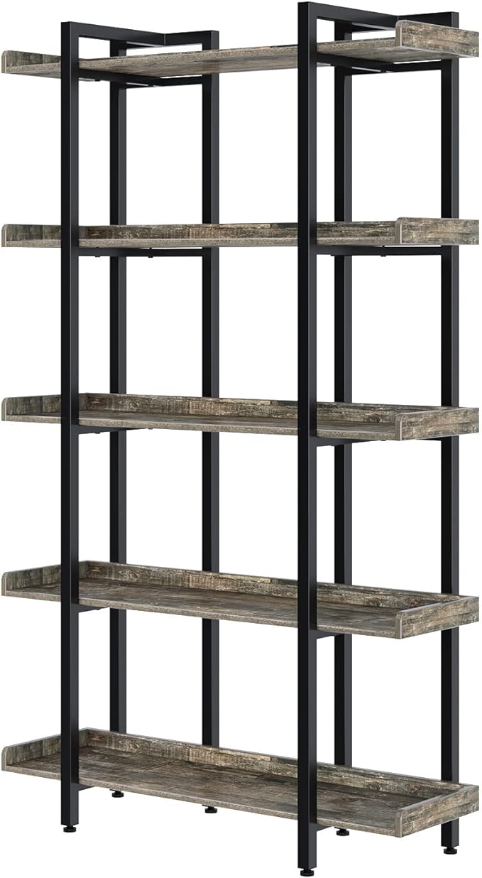 Rolanstar Book Shelf 5-Tier, 71.8’’H Tall Bookshelf for Home Office, Open Wood Display Shelves, Large Standing Bookcase with Metal for Living Room, Industrial Corner Bookshelf Grey