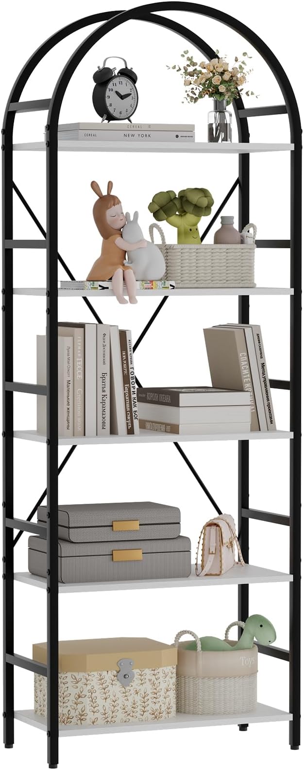 5-Tier Bookshelf, 24 Inch Width Industrial Arched Bookcase, Vintage Storage Rack with Open Shelves, Free Standing Shelf for Home Office, Living Room,Bedroom, Black & White