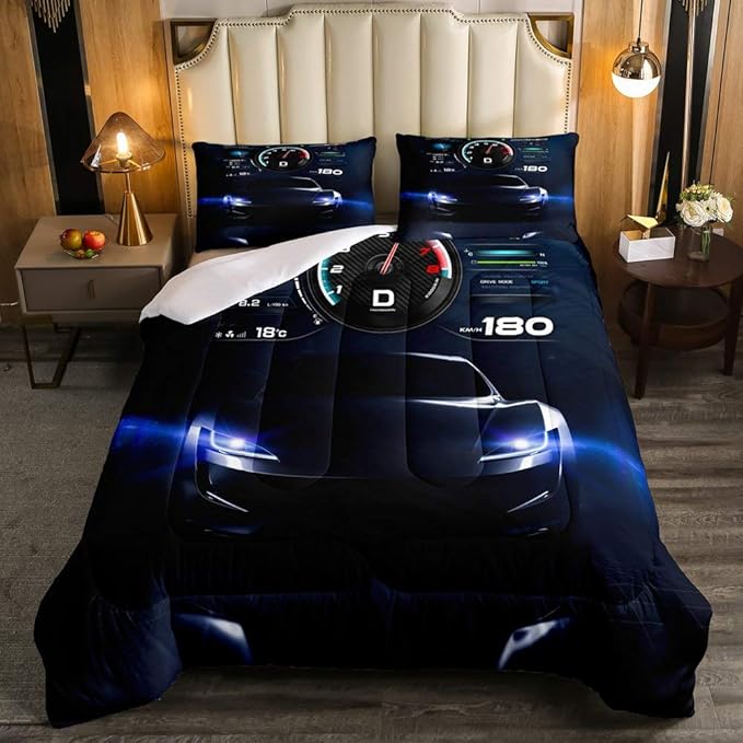 Erosebridal Teens Race Car Comforter Set Queen Size, Kids Cool Speed Racing Car Quilt Set, Extreme Sport Bedding Set for Boys Youth Adult Bedroom, Black Automobile Quilted Duvet for Bedroom