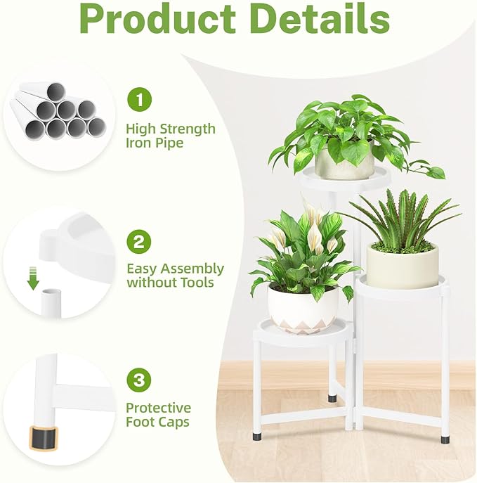 iDavosic.ly 3 Tier Folding Plant Stand Indoor Outdoor with Plastic Tray, Tiered Corner Flower Holder Shelf, Metal Orchid Display Rack for Patio Porch Living Room Garden Balcony, White