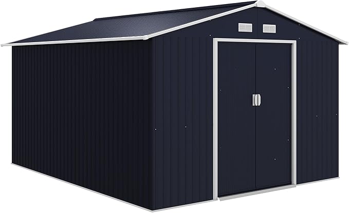 Outsunny 11' x 9' Outdoor Storage Shed, Garden Tool Metal Shed with Foundation Kit, Double Lockable Door, Air Vents and Sloping Roof, for Backyard, Patio, Lawn, Dark Gray