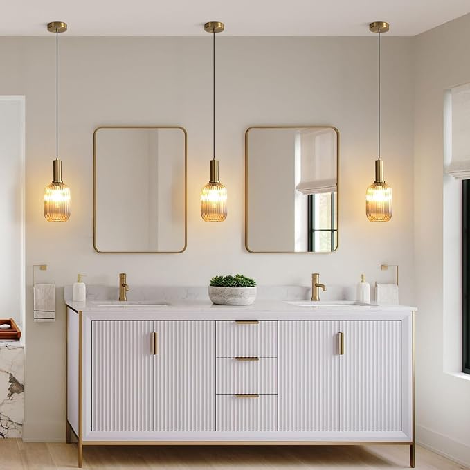 KCO Modern Brushed Gold Mini 5.1” Cylinder Amber Ribbed Glass Pendant Light | E26 Bulb Hardwired, Adjustable Cord Mid Century Vintage Brass Hanging Ceiling Lamp for Sloped Ceiling Kitchen Dining Room Bar