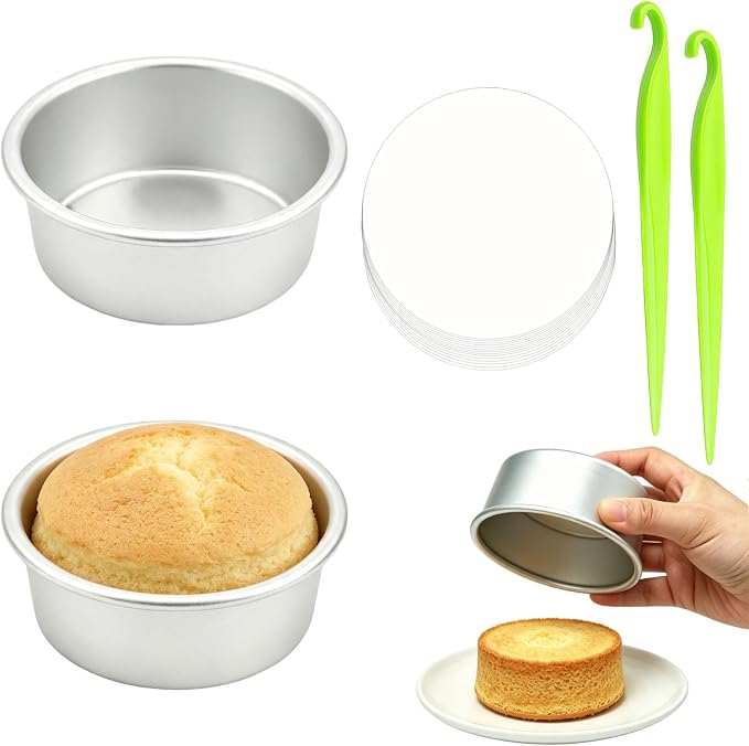 Round Cake Pans Set - 4 Inch Aluminum Nonstick Mini Cake Tins With 50 Parchment Liners & 2 Demold Tool for Diy Baking Cakes Cheesecake Tiered Cakes