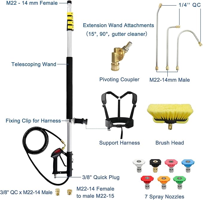 JANZ 24 FT Pressure Washer Telescoping Wand with Power Washer Extension Wands, Brush Head, Gutter Cleaner, 7 Spray Nozzle Tips, 2 Hose Adapters and Support Belt TW-004
