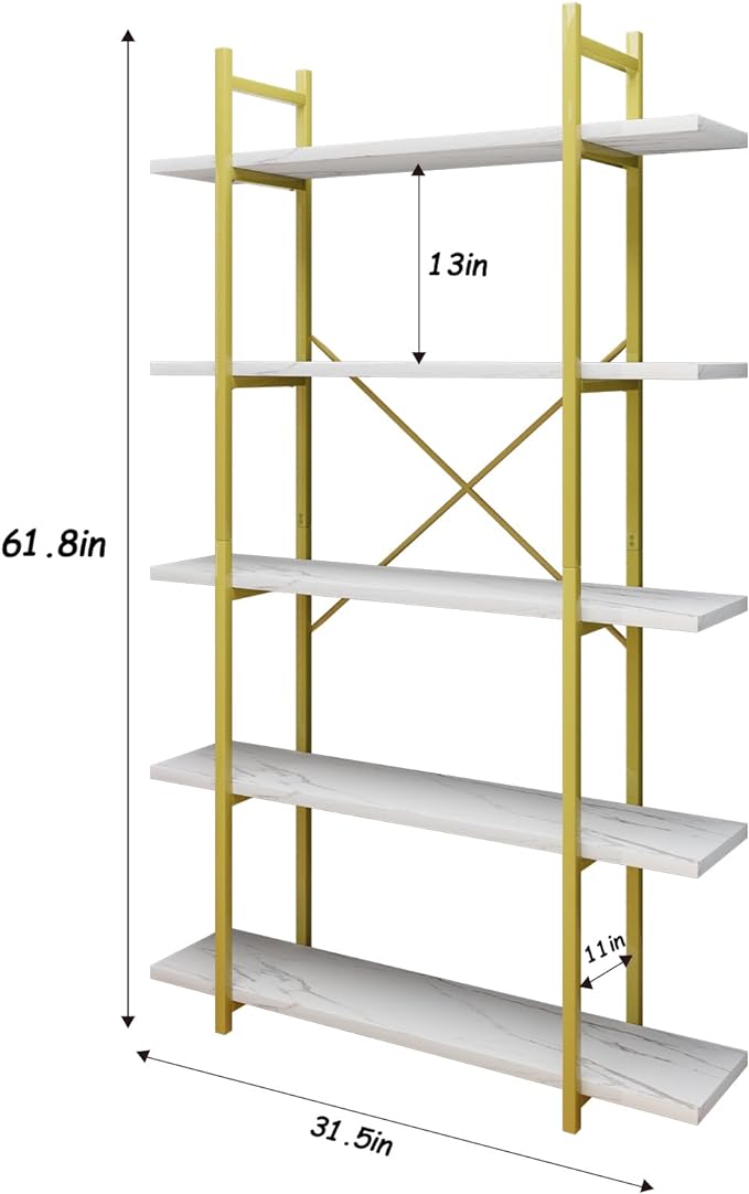 5 Tiers Bookshelf Organizer White Faux Marble Shelf,Modern Open Display Storage Bookcase, and Metal Bookshelf Standing Storage Shelf Tall Shelving Units for Home Office Study