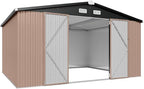 Aoxun 12'x10' Outdoor Metal Storage Shed with Lockable Door & Sloping Roof- Ideal for Tools, Garden Equipment & Bikes, Perfect for Patio Placement(Brown)