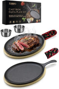 2x Fajita Skillet with Saucers, Cast Iron Hot Plate, Fajita Kit, Sizzling Plate with Wooden Base, Fajita Skillet Set, Sizzle Platter, Cast Iron Serving Dishes, Steak Plates for Eating