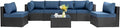 Shintenchi 7 Pieces Outdoor Patio Sectional Sofa Couch, Black Wicker Furniture Conversation Sets with Washable Cushions & Glass Coffee Table for Garden, Poolside, Backyard (Aegean Blue)