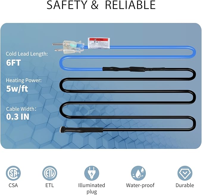 20ft Roof Heat Tape for Roof and Gutters, Constant Wattage 5w/ft, CSA ETL Certified, Ideal for Metal or Plastic Gutters/Downspouts, 120V