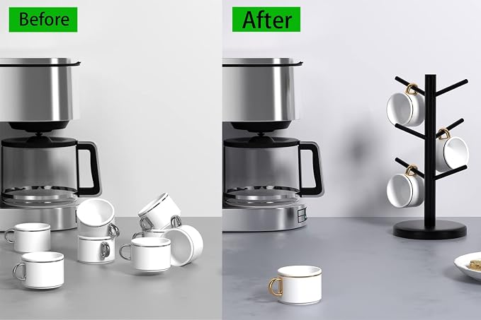 Dorhors Mug Holder Tree,Coffee Cup Holder,Mug Rack Stand Hook,Bar Organizer | Black Wood Coffee Station Accessories 6 Hook,Coffee Shelf Decor for Kitchen Countertop,Counter Storage Display Mug,Cup