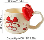 DTIUYIOP-Kawaii White Cute Cat Ceramic Coffee Mug with 3D Pink Bow & Bow Spoon, Curved Large Handle Kitty Tea Cup, Cute Aesthetic Gift for Girls Women Cat Lovers Birthday Christmas