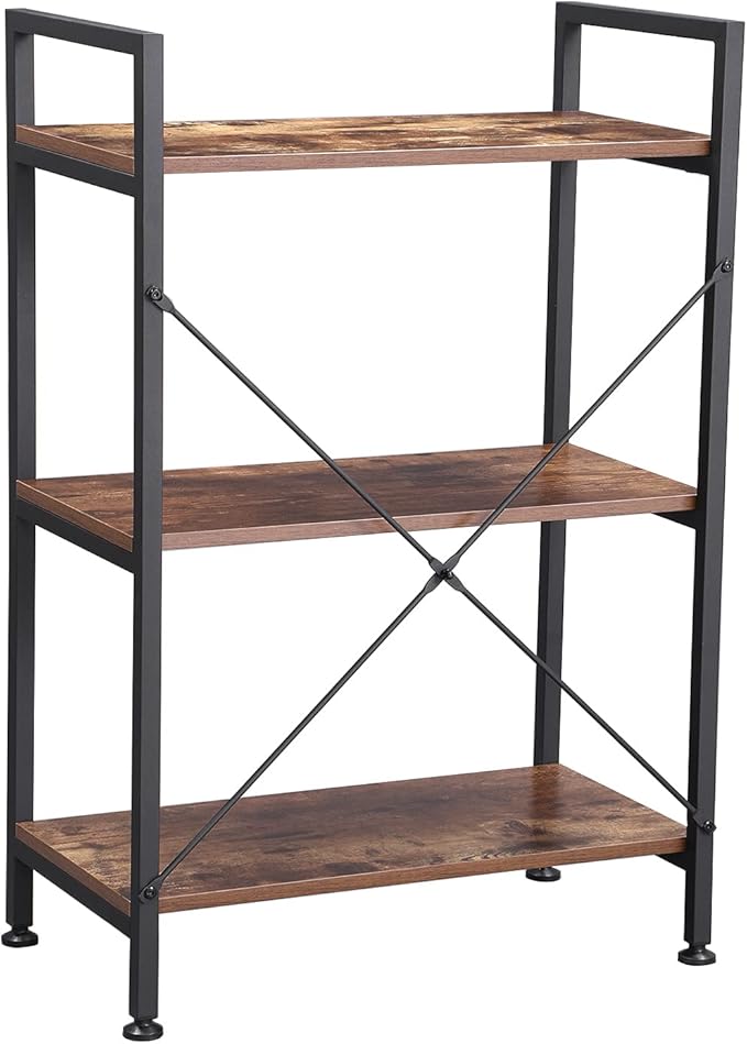 BEWISHOME 3 Tier Bookshelf, Rustic Small Book Shelf for Small Spaces, Brown Wooden Shelves for Bedroom Living Room and Home Office, 13.58" D x 24.21" W x 37" H, JCJ32Z