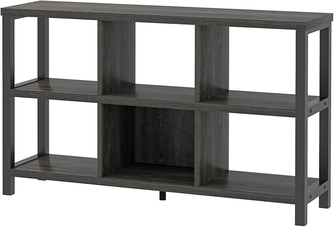 FOLUBAN 6 Cube Storage Organizer with Shelf, Wood and Metal Cubby Bookcase, Industrial Low Horizontal Bookshelf (Dark Grey, 47 Inch)