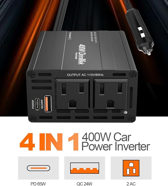 400W Car Power Inverter - Dual DC 12V to 110V AC Car Plug Adapter Outlets, Fast Charging USB C 65W & 24W Port, Power Inverters for Vehicles, Laptop Car Charger, Road Trips