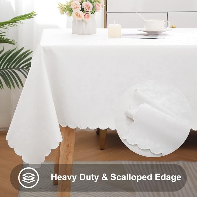 Smiry Rectangle Waterproof Heavy Duty Vinyl Tablecloths, 60 x 144 Inch | Wipeable Washable Floral Embossed Table Cover for Kitchen and Dining Room, Indoor & Outdoor Use, White