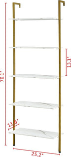 Tajsoon 5-Tier Ladder Shelf, Large Wall Mount Bookshelf with Metal Frame, Open Display Shelves for Living Room, Bedroom, Home, Plant Flower, White & Gold