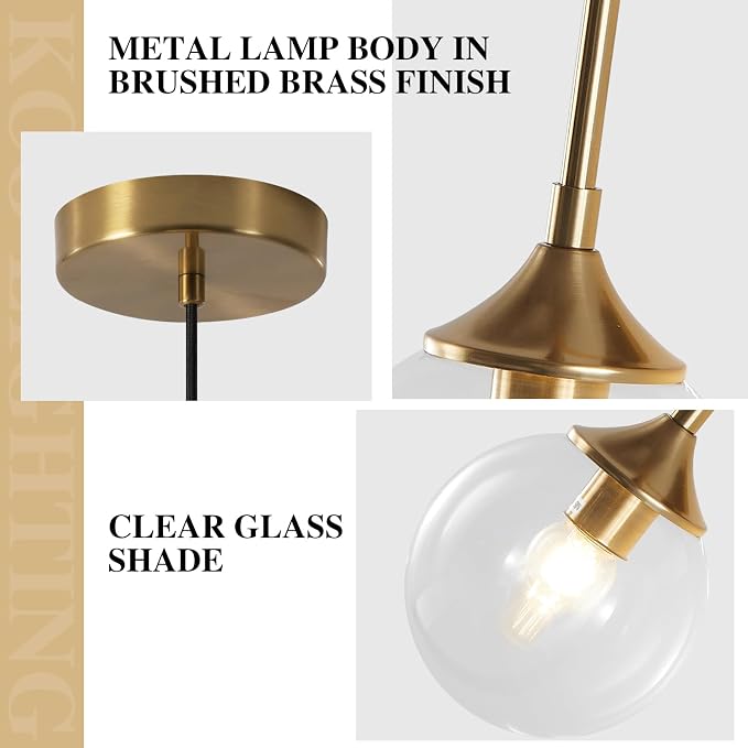 KCO Lighting Brass Gold Small 7.1” Clear Bubble Glass Globe Pendant Light | E26 Base, Sloped Ceiling, Mid Century Modern Adjustable Hanging Ceiling Lamp for Kitchen Island Sink Dining Table Bedroom Bar