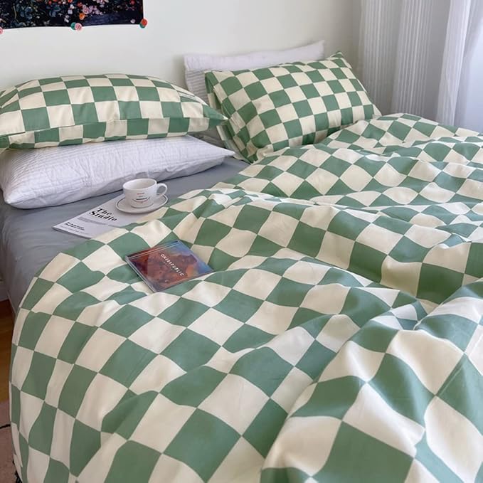 Wellboo Green and White Comforter Sets Twin Women Men Sage Green Checkerboard Grid Bedding Comforters Cotton Boys Girls Modern Grass Green Plaid Checkered Quilts Modern Buffalo Geometric Abstract Bed