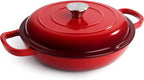 3 Quart Enameled Cast Iron Braiser, Non Stick Enameled Cast Iron Skillet with Lid, Dutch Oven Skillet with lid up to 500°F for Oven, Stove, Grill, Shallow Dutch Oven for Cook, Bake (Red)