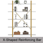 HSH 5 Tier White and Gold Bookshelf, Tall Storage Bookshelves for Bedroom Living Room Office, Metal and Wood Large Book Shelves, Modern Vertical 5 Shelf Bookcase, Farmhouse Big Open Display Book Shelf
