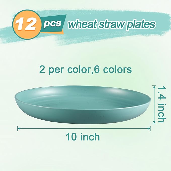 12 Pcs Unbreakable Deep Dinner Plates Set, 10 inch Reusable Plastic Wheat Straw Plates, Microwave and Dishwasher Safe Plate for Kitchen, Lightweight Plate for Dessert, BPA Free, 6 Colors