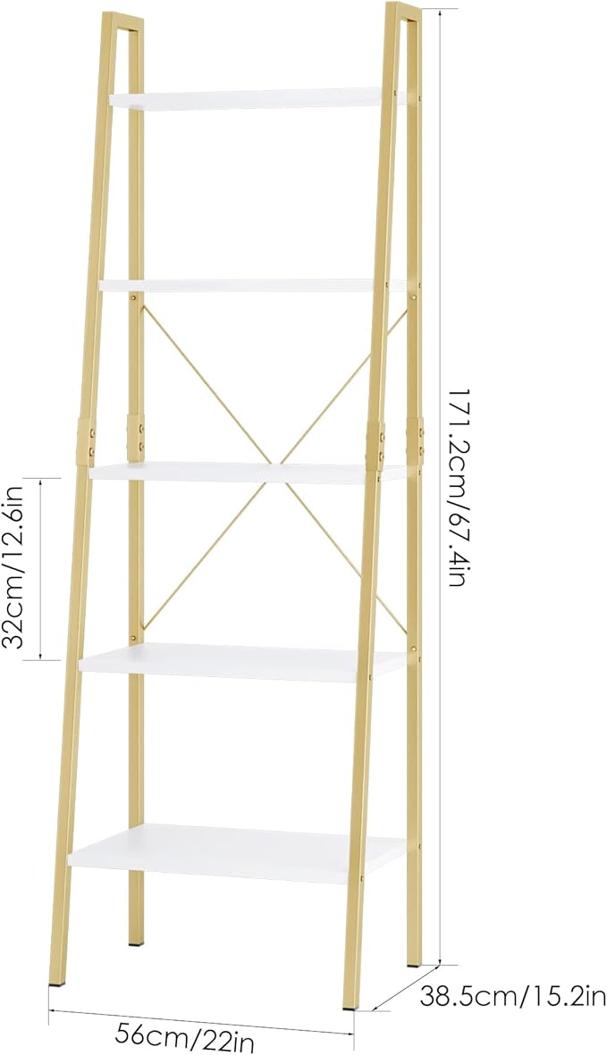 finetones 5-Tier Ladder Shelf, Gold Bookcase Bookshelf with Metal Frame, Display Shelf Plant Rack Accent Furniture for Home Office, White/Golden