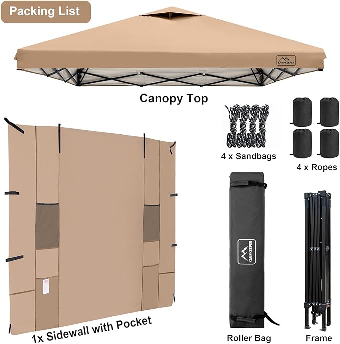 KAMPKEEPER 10x10 Easy Pop Up Canopy Tent with Sidewalls, Instant Outdoor Shade Shelter with Removable 10FT Sun Walls, Quick Setup Waterproof and UV-Resistant for Patio (Khaki, 1 sidewall)