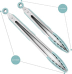 2 Pack Silicone Kitchen Tongs, 9 & 12 Inch, Stainless Steel, Aqua Sky