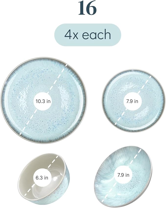 Stoneware dinnerware set 4 persons 16 pcs – Modern style plates and bowls set ceramic – Dishwasher, microwave and scratch resistant – Bowl and plate set – Dinner service Pure Living beige & light blue