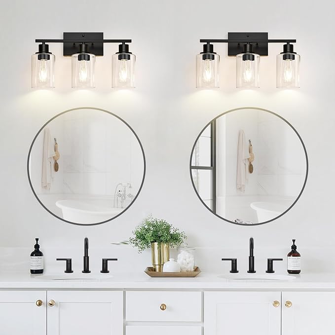 3 Light Bathroom Light Fixtures, Matte Black Modern Vanity Lights with Clear Glass Shade, Bathroom Wall Lamp for Mirror Kitchen Living Room Hallway Cabinet Porch