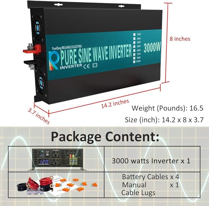 WZRELB 3000W 12V 120V Pure Sine Wave Solar Power Inverter Homeuse DC to AC System