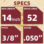 5 Pack 14 Inch Chainsaw Chain 52 Drive Links 3/8" LP Pitch .050'' Gauge Fit Craftsman, Echo CS-310, Poulan 190, Ryobi RY3714, Husqvarna 120, Makita, Greenworks- S52