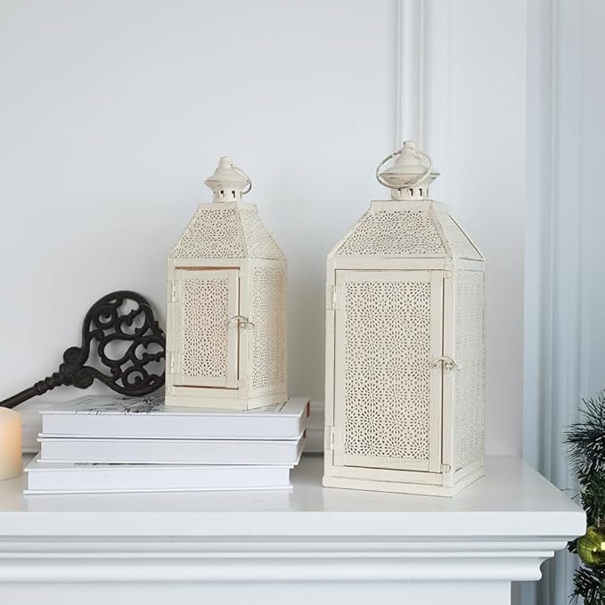 NEEDOMO 2Pack Outdoor Lantern, 16" Large White Candle Lanterns Decorative Indoor, Metal Frame with Glass, Vintage Farmhouse Lantern Decor for Front Porch, Garden, Patio, Pathway, Balcony,Yard