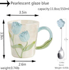Floral Ceramic Coffee Mug 11.8 Oz Espresso Cup, Cute Flower Tea Cup with Handle for Women, Girly Mug Gift for Christmas Birthday, Home Office Drinkware, Blue
