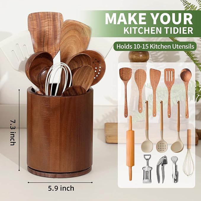 Walnut Utensil Holder, 360° Rotating 7.3 in Kitchen Organizer | Rustic farmhouse countertop decor. 360° rotating base holds spatulas, ladles, tongs, and cooking tools. Rich walnut finish