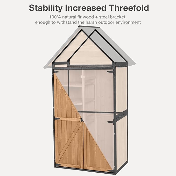 Outdoor Storage Shed with Floor and Waterproof Roof - Metal Framed Tool Cabinet with Adjustable Shelves - Double Lockable Doors for Backyard, Garden, Patio (Brown)